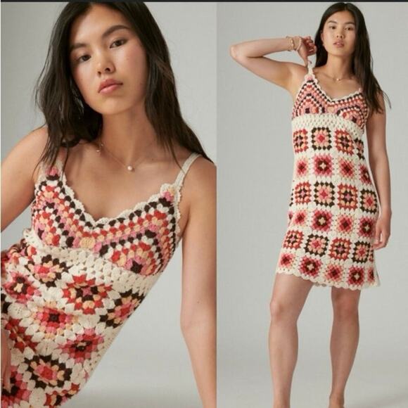 Lucky Brand Dresses & Skirts - Lucky Brand Granny Square Crochet boho Dress Knit Colorful/Cream Sz xl